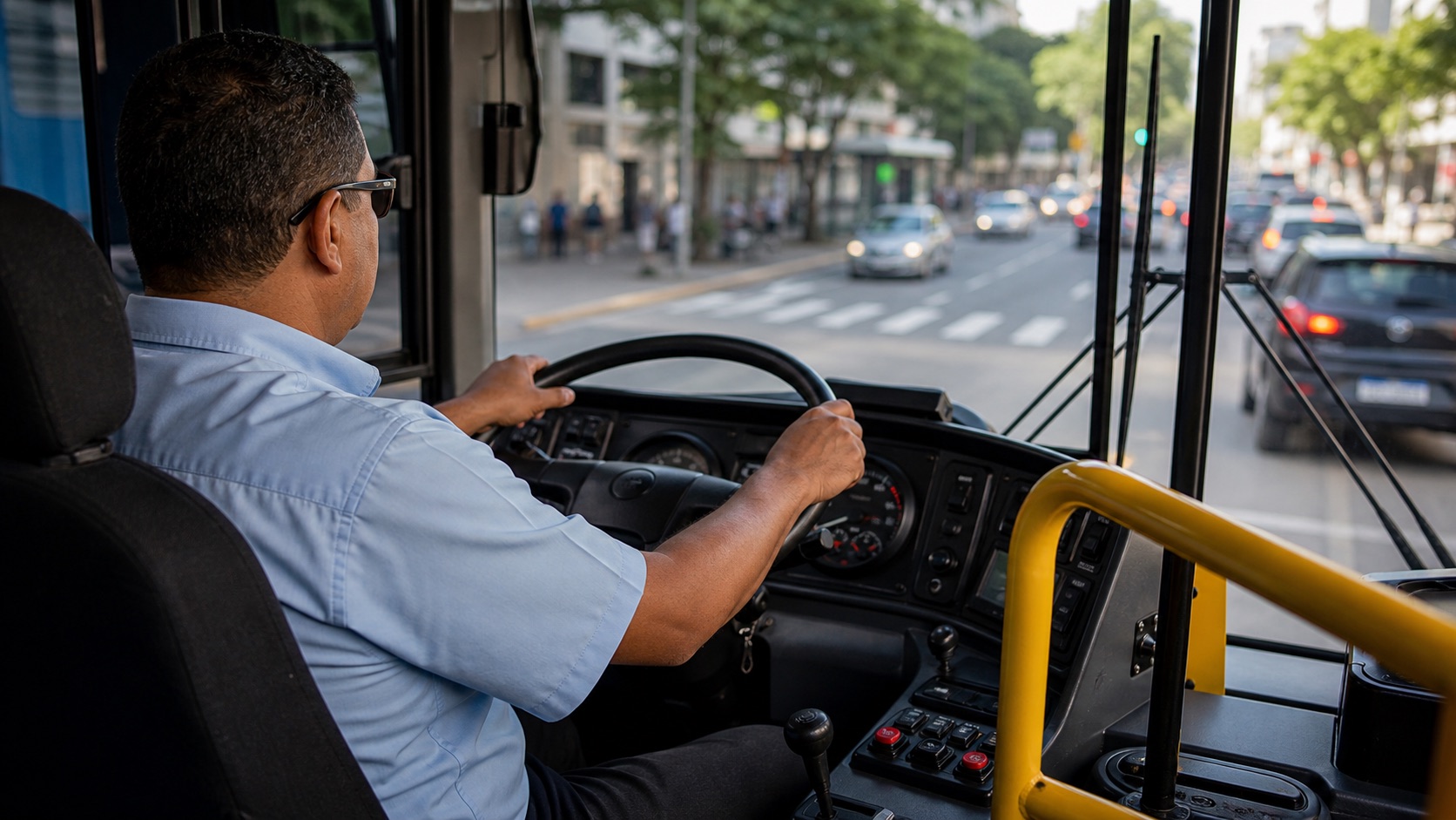 Motorista dirigindo ônibus urbano no Brasil