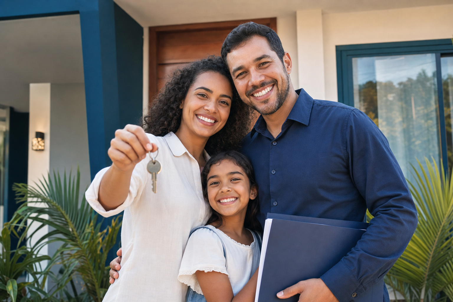 Família em frente ao imóvel regularizado